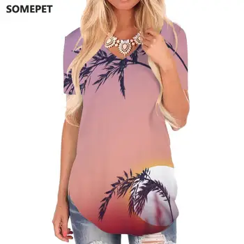 SOMEPET/ футболка с Закатом, женские футболки с растительным принтом, Романтические футболки с 3D пейзажем, футболка с V-образным вырезом, Женская одежда, Модная Крутая