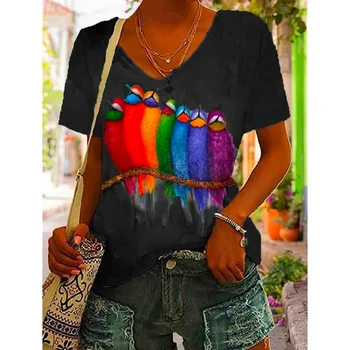 Летняя женская футболка с 3D принтом птицы, топы с коротким рукавом и V-образным вырезом, Модный повседневный градиентный пуловер для девочек, футболка оверсайз для женщин