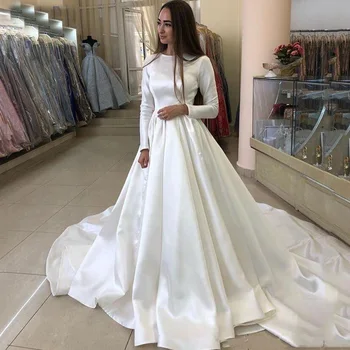 Свадебные платья Принцессы MYYBLE, Атласные Мусульманские Свадебные платья Невесты с Длинным Шлейфом, Белое Свадебное Платье Vestido de novia
