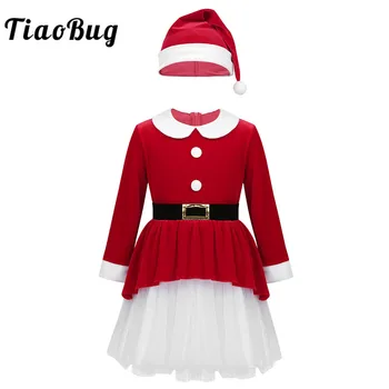 Детский Рождественский костюм TiaoBug с Длинными рукавами, Красная Мягкая Бархатная сетка, Праздничная вечеринка, Ролевая игра Санта, Рождественское платье для Девочек, Комплект Шляп