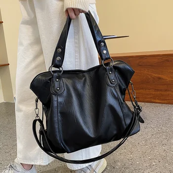 Большие Черные женские сумки через плечо, Повседневная сумка-тоут Большого Размера, Качественная сумка-тоут из искусственной кожи, Женская дорожная сумка для покупок
