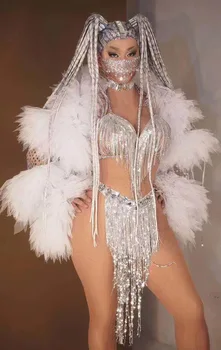 Комплект Бикини с серебряной блестящей кисточкой и белым кожаным пальто Для женщин, Модельная одежда для показа мод, одежда для трансвеститов, Сценические костюмы