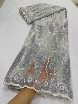 Африканские роскошные Белые Кружевные ткани с блестками, новейшая вышивка бисером, Французский Тюль, Сетчатая Кружевная ткань, материал для вечеринки, свадьбы