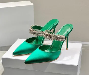 UVRCOS/ Весенние Пикантные женские туфли-лодочки с острым носком, Зеленые атласные Стразы, Вечерние свадебные туфли на тонком каблуке