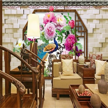beibehang 3d стереоскопические фрески с павлином Китайский ТВ фон кирпичные обои гостиная спальня фрески papel de parede adesivo