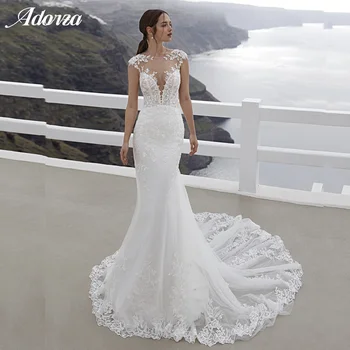Новейшее свадебное платье Русалки с глубоким V-образным вырезом, Иллюзионные рукава-колпачки, Кружевная аппликация на пуговицах сзади, Свадебное платье для женщин Vestido De Novia