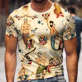 Мужская футболка в стиле Ретро С 3D принтом Русалки, короткими рукавами, Летние Свободные и удобные футболки, Повседневная уличная мужская одежда Оверсайз