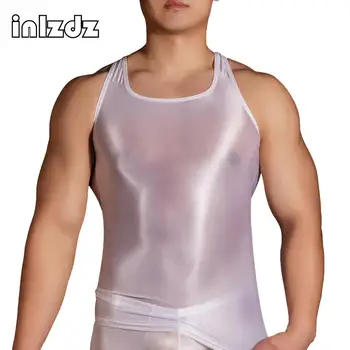 Мужская сексуальная клубная одежда на бретелях, Глянцевые ультратонкие топы с высокой эластичностью, облегающий топ с круглым вырезом и рукавом для тренировок, купальники для бодибилдинга