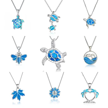 Женские ожерелья в стиле бохо с большими подвесками-бабочками, Милое Бело-Голубое Ожерелье с огненным опалом, Серебряные свадебные ожерелья для женщин