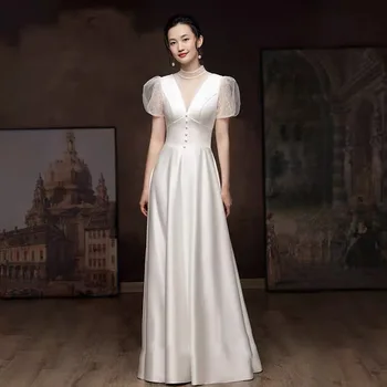 Женское свадебное платье Illusion с глубоким V-образным вырезом, платье Принцессы с пышными рукавами, Элегантное Платье Трапециевидной формы из простого атласа, Vestidos De Novia