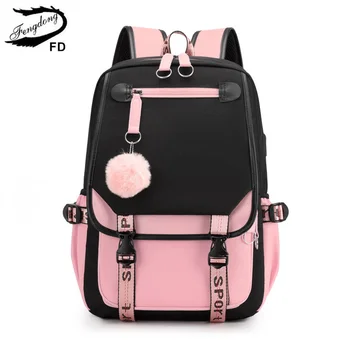 Большие школьные сумки Fengdong для девочек-подростков, USB-порт, холщовый школьный рюкзак, студенческая сумка для книг, модный черно-розовый школьный рюкзак для подростков