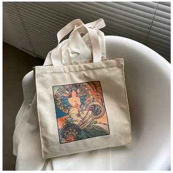 Холщовые сумки через плечо для женщин 2022, Женская Повседневная сумка-тоут, Хлопковая Многоразовая пляжная сумка для покупок, написанная маслом,