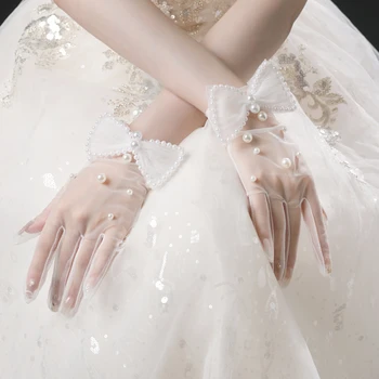 Женские Тюлевые сетчатые перчатки, Свадебные Белые перчатки на запястье, Большой бант, Жемчужный цветок, Свадебные перчатки, аксессуары для косплея, вечеринки
