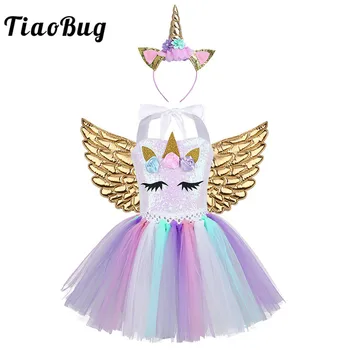 Детский мультяшный наряд TiaoBug, 3D Цветы, блестки, Сетчатое платье-пачка, Обруч для волос, Крылья Ангела, комплект для девочек, аниме, Косплей, костюм для девочек на Хэллоуин