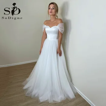 Элегантные атласные свадебные платья SoDigne для женщин, Белое винтажное платье невесты Трапециевидной формы с открытыми плечами, простое платье Robe De Mariee