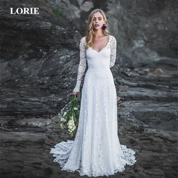 Свадебное платье LORIE 2019, Открытая спина, Овальный вырез, Свадебное платье с длинным рукавом, Кружевные рукава, Свадебные платья с низкой спинкой