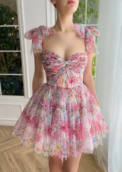 Винтажный цветочный коктейль тюль платья с Sleevelss бретельках فساتين مناسبة رسمية мини-платье