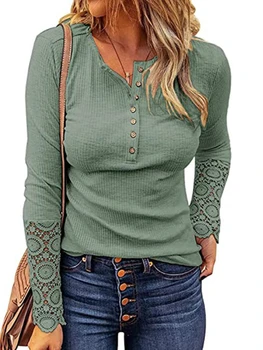 Женская Свободная футболка с длинным рукавом и круглым вырезом, однотонная кружевная строчка, на весну