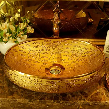 Европейский стиль, китайская художественная столешница в стиле Цзиндэчжэнь, керамический умывальник, раковины для ванной комнаты, золотой