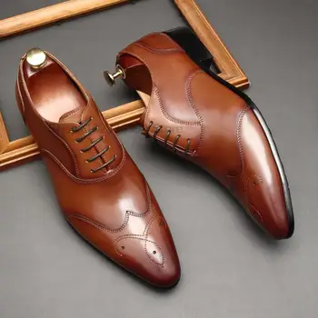 Новые стильные мужские модельные туфли-оксфорды из натуральной кожи с острым носком на шнуровке, офисные деловые свадебные Черные официальные туфли для мужчин