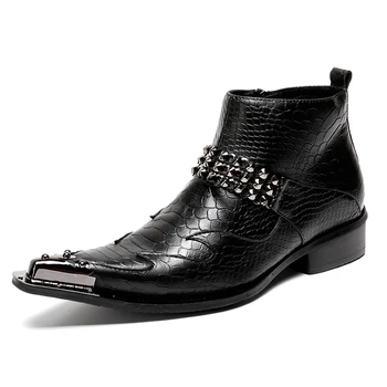 Мужские модельные ботинки из натуральной кожи с металлическим наконечником и цепочкой с острым носком, модные мужские ботинки ручной работы на низком каблуке 39-46
