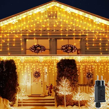 Рождественские огни Наружный светильник-сосулька 400LED 32,8 фута, соединяемый занавес, сказочный струнный светильник для праздничной вечеринки, свадебного рождественского декора