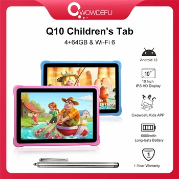 Cwowdefu 10,1 Дюймовые Детские Планшеты Android 12 Четырехъядерный 4 ГБ 64 ГБ WIFI6 6000 мАч Обучающие Планшеты для детей с ПРИЛОЖЕНИЕМ Kids
