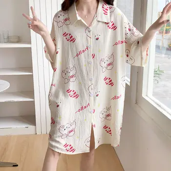 Милая ночная рубашка, женское летнее платье для отдыха большого размера с короткими рукавами, хлопковая пижама с пузырями, длинное платье-рубашка для сна