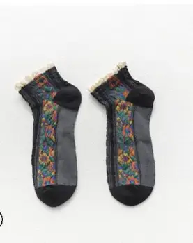 100 пар/лот, женские носки средней длины в этническом стиле в стиле ретро, хлопковые носки, женские короткие носки с цветочным кружевом