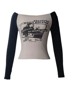 Женский винтажный эстетичный топ с кружевной отделкой и длинным рукавом, обтягивающие рубашки Y2k, графический принт, сказочный гранж, уличная одежда