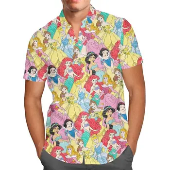 Эскизы Принцессы Диснея Гавайская рубашка Мужская Женская Мода Disney, Гавайская повседневная рубашка с коротким рукавом, Винтажная рубашка на пуговицах