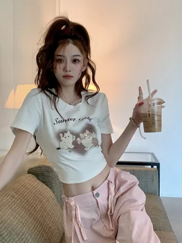 Летом 2023 года появится Новая розовая короткая базовая рубашка Top Sense of Korean Shoulder Slim с короткими рукавами, Женская летняя милая футболка