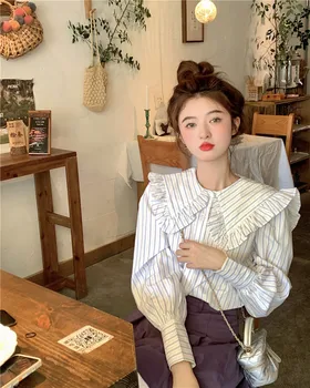 GBB4460 Женская рубашка в полоску с длинными рукавами и нежным кукольным вырезом в корейском нежном стиле, новая свободная и универсальная защита от солнца, топовый тренд