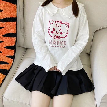 Футболка для девочек с рисунком Каваи, Женские футболки с рисунком кота из аниме, Япония, эстетический Harajuku, Повседневный белый топ с длинным рукавом