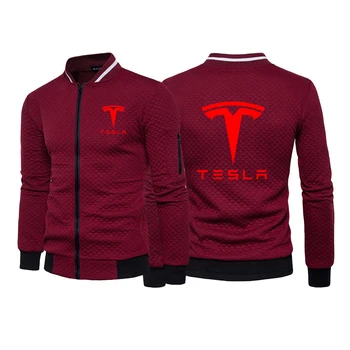 Весна-осень 2023, решетчатый дизайн с логотипом Tesla, однотонная толстовка, воротник-стойка, повседневный хлопок