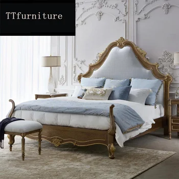 Современная европейская кровать из массива дерева для 2 человек, модная резная кожаная французская мебель для спальни King Size jxj24