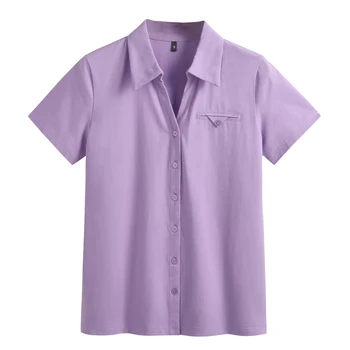 2023 Летняя Новая Однобортная рубашка с отложным воротником, Короткий рукав, Однотонный хлопковый Модный Универсальный Тонкий женский топ