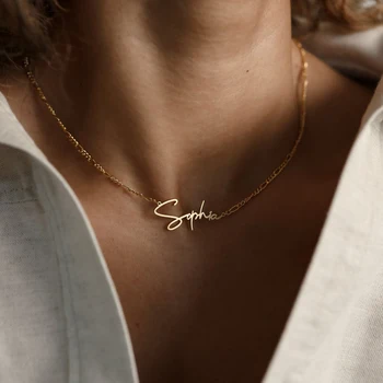 Пользовательское имя с буквами для женщин Персонализированное Ожерелье Подвеска Золотая Серебряная Цепочка Фигаро Ювелирные изделия Из нержавеющей стали Collares Para Mujer