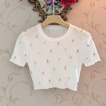 Модная классическая дизайнерская футболка из роскошной ткани с короткими рукавами, эластичный трикотажный топ с бриллиантами, женская футболка