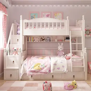Двухъярусная кровать в корейском сельском стиле, Белая, современная, минималистичная, с откидывающейся спинкой, С местом для хранения вещей для девочек-принцесс, Креативная Мебель для Спальни