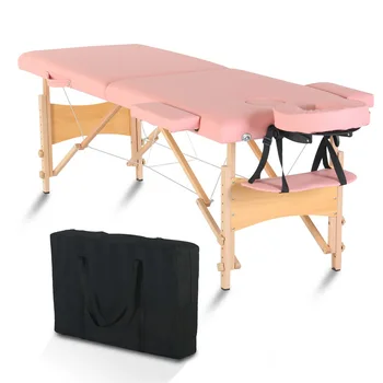 Косметический массажный стол-кровать, 2 секции, складная буковая ножка, 186x60x60 см, регулируемая по высоте, универсальный портативный, розовый/белый [В наличии в США]