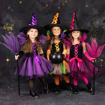 Аниме-шоу для вечеринки на Хэллоуин, детская одежда, Представления на фестивале Косплея ведьмы, Шляпы, Костюм с метлой