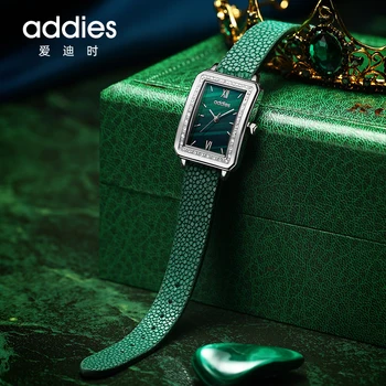 Женские часы бренда ADDIES из нержавеющей стали, модные квадратные женские кварцевые часы с ремешком, часы с зеленым циферблатом, простые золотые роскошные женские часы