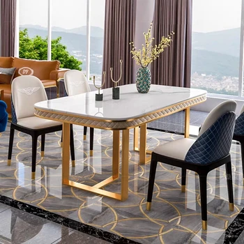 Роскошный Итальянский обеденный стол, современный угловой обеденный стол с мраморной столешницей из нержавеющей стали