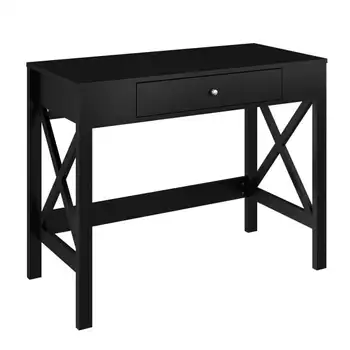 Письменный стол - Письменный стол с Х-образными ножками и выдвижным ящиком для хранения - Для домашнего офиса, Спальни, компьютера или стола для рукоделия by (Черный) L shape off