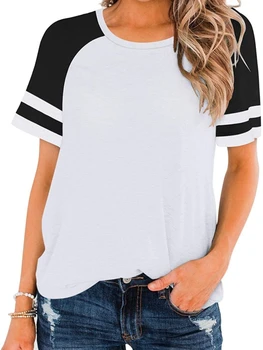 Женская повседневная футболка с круглым вырезом и короткими рукавами в цветном блоке, летние топы