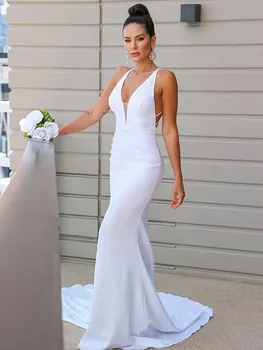 Длинные Свадебные платья Русалки с V-образным вырезом, Сексуальное Свадебное платье Со шлейфом на спине, Белое Свадебное платье на заказ для женщин