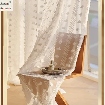 Белая Прозрачная занавеска с помпоном, 3D тюль с вышивкой бабочкой для гостиной, балкон, современная высококачественная обработка окон из вуали