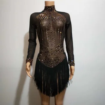 Черное платье с кисточками, сверкающими стразами, Женская сексуальная клубная одежда, Сетчатый прозрачный наряд, одежда для вечеринки, шоу, одежда для сцены