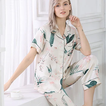 Fashon Новые свежие пижамные комплекты из 100% натурального шелка с цветами, женская пижама в корейском стиле, сексуальная элегантная мода, женская пижама из чистого шелка, T01